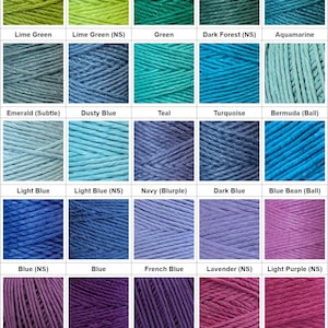May include: A color chart of 18 different shades of yarn, including lime green, dusty blue, teal, turquoise, light blue, navy, dark blue, blue, french blue, lavender, light purple, orchid, dark purple, dark pink, and aquamarine. The yarn is arranged in a grid of six rows and three columns. The yarn is all the same type, but in different colors. The yarn is all natural and has a soft, fuzzy texture.