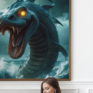 Leviathan Wall Art Printable | Mythical Sea Serpent Fantasy Art | Biblical Monster Illustration for Dark Ocean Decor