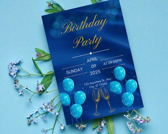 Plantilla de invitación de cumpleaños azul y dorada / Diseño editable en Canva (Descarga instantánea)
