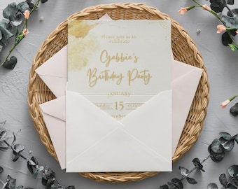 Plantilla elegante de invitación de cumpleaños dorada / Tarjeta imprimible en Canva (Descarga digital)