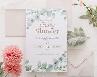 Plantilla de invitación para baby shower con eucalipto / Diseño de Canva con motivos vegetales (descarga digital)