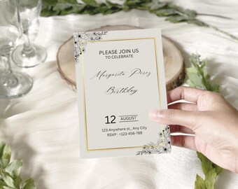 Plantilla de invitación de cumpleaños minimalista / Invitación de fiesta elegante y editable / Descarga instantánea e imprimible en Canva / Diseño neutro