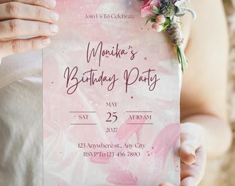 Plantilla de invitación de cumpleaños rosa glamurosa / Invitación editable para fiesta estilo Barbiecore (Descarga digital)