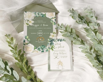 Conjunto de plantillas para invitaciones de boda con diseño de eucalipto / Paquete imprimible de Canva con motivos florales (descarga digital)