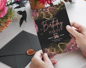 Plantilla de invitación de cumpleaños en negro y dorado / Diseño de Canva con purpurina rosa (descarga instantánea)