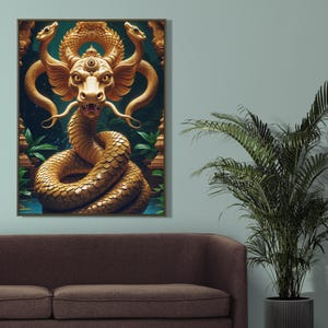 May include: A golden, three-headed snake sculpture with a third eye on its forehead. The snake is coiled and has a detailed, textured surface. The sculpture is set against a green and blue background.