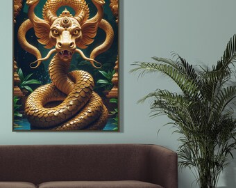 Arte mural imprimible de Naga / Deidad serpiente hindú de múltiples cabezas / Decoración espiritual mitológica / Póster de fantasía sagrada asiática