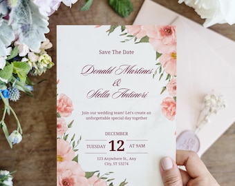 Plantilla de invitación floral editable para guardar la fecha / Invitación de descarga instantánea / Diseño de tarjeta imprimible o digital