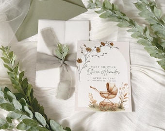 Plantilla de invitación para baby shower estilo bohemio / Diseño de cochecito vintage (Descarga editable en Canva)