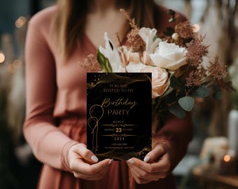 Plantilla de invitación de cumpleaños en negro y dorado / Diseño elegante en Canva (Tarjeta digital)
