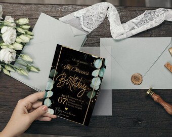 Plantilla elegante de invitación de cumpleaños en negro y dorado / Diseño editable en Canva (Descarga digital)