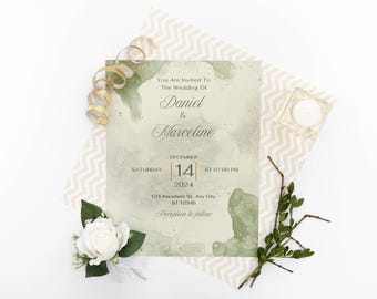 Plantilla de invitación de boda en mármol verde salvia / Diseño editable en Canva (Descarga digital)