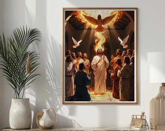 Ilustración del Espíritu Santo de Pentecostés / Escena bíblica cristiana para imprimir (descarga digital)