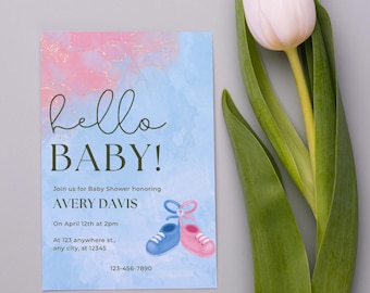 Invitación para baby shower en acuarela / Rosa y azul, editable en Canva (descarga digital)