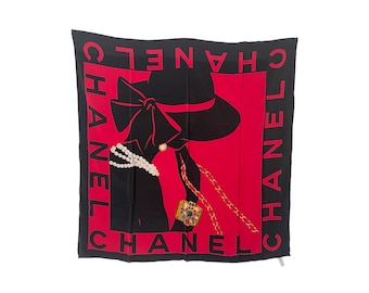 Authentic Vintage CHANEL Silk Scarf – Iconic Red Black Coco Silhouette Design