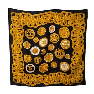 CHANEL Hand Rolled Edges Gold Chain HANDKERCHIEF Paris Jeweled Brooches Silk SCARF Luxury Brand  Authentic 100% Seta Vintage Scarf Very Rare