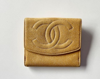 CHANEL Vintage Caviar Leather Coin Purse Wallet Beige