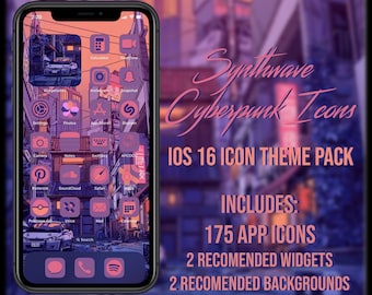 May include: A screenshot of an iPhone displaying a custom icon theme pack for iOS 16. The theme is called "Synthwave Cyberpunk Icons" and features a purple and pink color scheme with a cityscape background. The text "INCLUDES: 175 APP ICONS, 2 RECOMMENDED WIDGETS, 2 RECOMMENDED BACKGROUNDS" is displayed on the right side of the image.