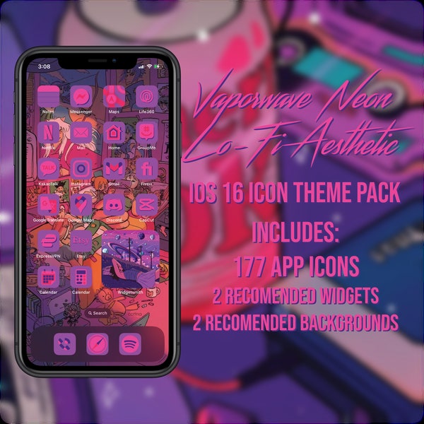 Vaporwave Neon Aesthetic iOS 16 App Icon Set | 177 App Icon Set | Theme Pack | Suggested Widgets and Wallpapers