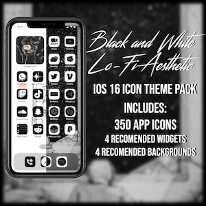 Black and White Lo-Fi Aesthetic iOS 16 App Icon Set | 350 App Icon Set | Theme Pack | Suggested Widgets and Wallpapers