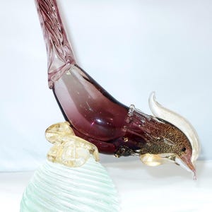 18"H MURANO GLASS PHEASANT Blown Glass Sculpture Purple With Gold Aventurine Head Feet Swirl Base Massive Tail Vintage Lover Collector Gift