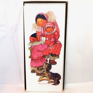 JOAN AREND KICKBUSH 12 Weihnachtskarten NoS Box Set Original Art #800 Inuit Familie Junge Mädchen Husky Hund Kunst Umschlag Eskimo Liebe Sammler Geschenk