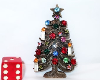 WEISS 3 CANDLE CHRISTMAS Tree Brooch Pin Signed Vintage Multi Color Rhinestones Star Top Collector Love Gift