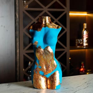 Blue & Gold Resin Goddess Lamp: LED Female Torso Sculpture