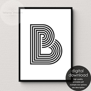 Carta B Inicial de arte de pared imprimible, monograma moderno Tipografía Impresión de póster alfabeto, blanco y negro Decoración de la sala de oficina en casa DESCARGA DIGITAL