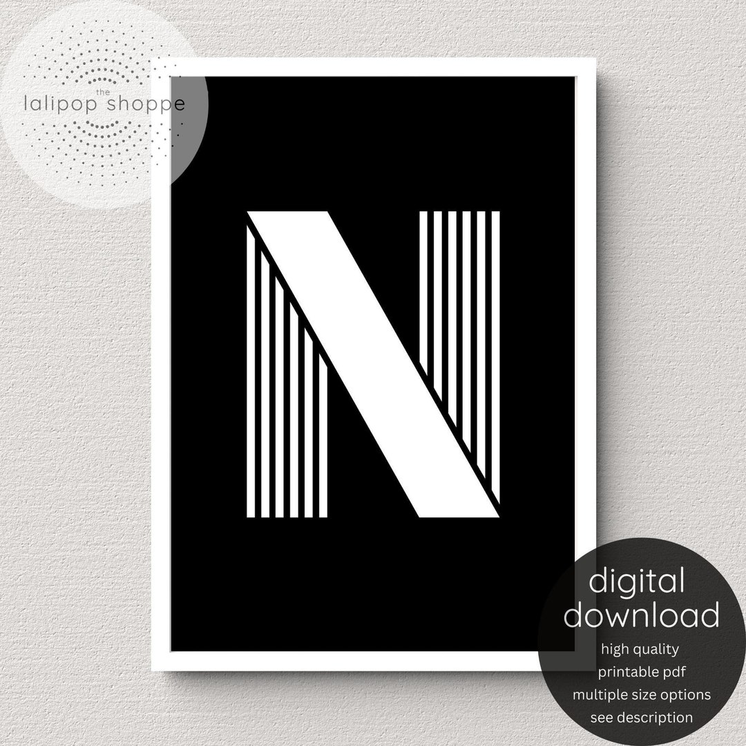 White Letter N on Black Background Printable Wall Art, Modern Monogram
