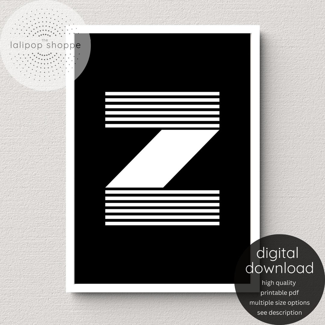Letter Z Wall Art Printable Poster, Black & White Modern Typography