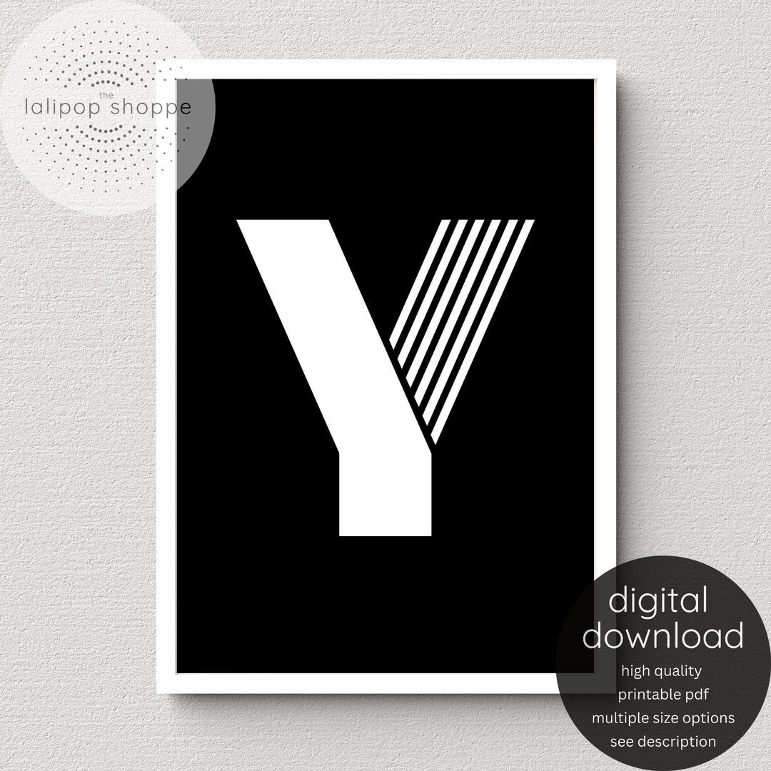 Letter Y Wall Art Printable Poster, Black & White Modern Typography