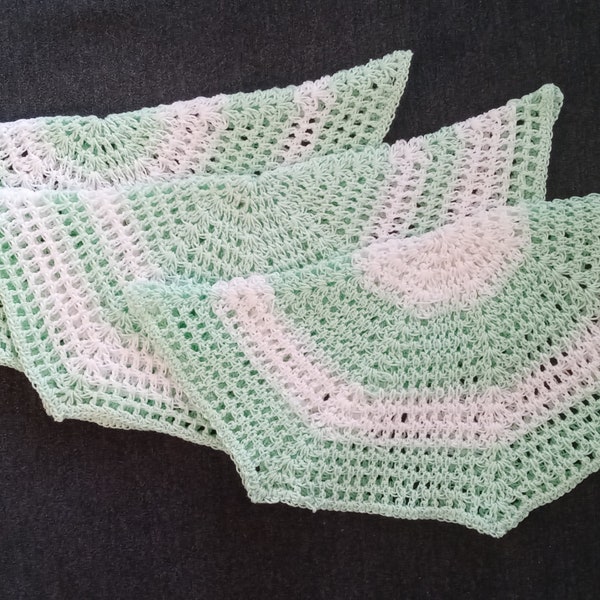 Three  Pretty Green and White Hand Crochet Dishcloths