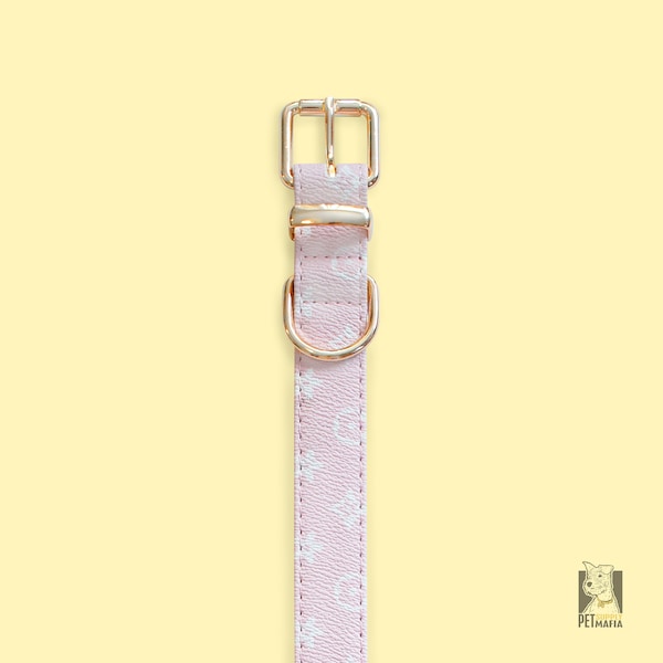 Pink - Designer Dog Collar Monogram - PU Leather. Gold hardware.