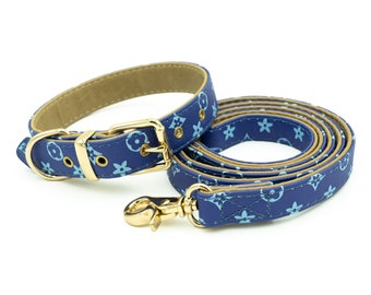 Blau - Hundehalsband und Leine Set Luxus Designer High Fashion Monogram Empreinte Leder
