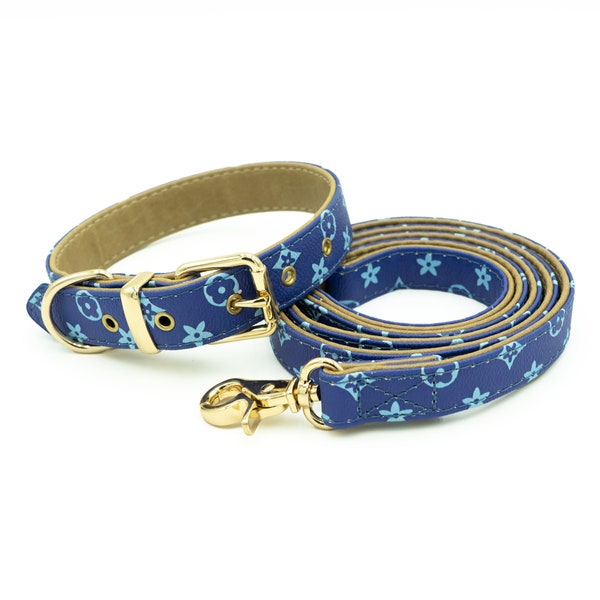 Blue  – Dog Collar Leash set Luxury Designer High Fashion Monogram Empreinte Leather