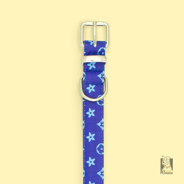 Blue - Designer Dog Collar Monogram - PU Leather. Gold hardware.