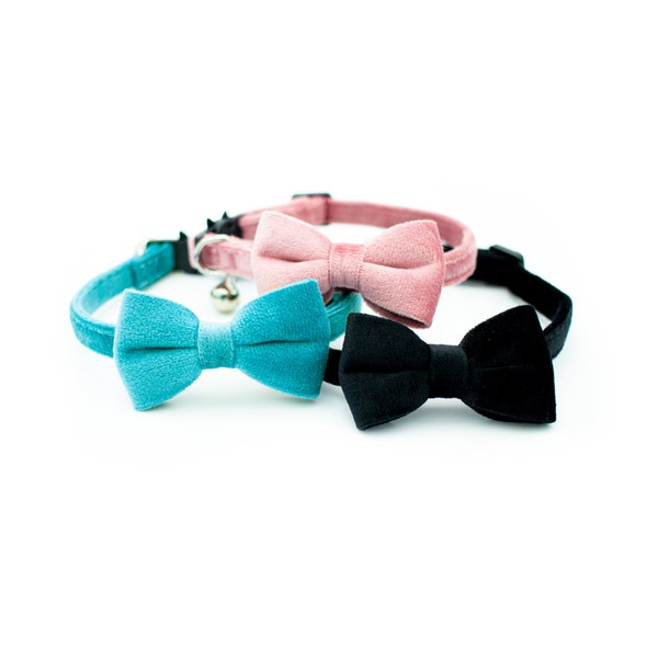 Cat Bowtie Velvet Collar with Bell. Black, Blue, Pink.  Pet Collar