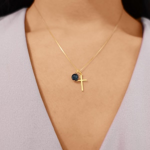 Birthstone Cross Pendant Necklace for Christian Gifts, Dainty Custom Birthstone Necklace for Her, Silver and Gold Filled Sapphire Necklace