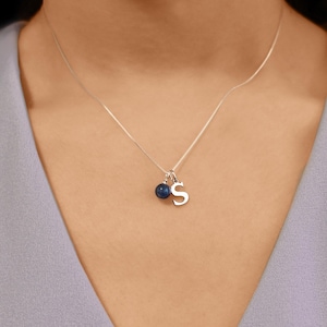 Personalized Name Birthstone Necklace, Dainty Sapphire Necklace Silver, September Birthstone Necklace, Personalized Letter Necklace Pendant