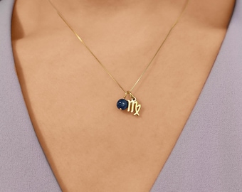 Gold Virgo Zodiac Necklace: Sapphire Birthstone, Personalized Constellation Pendant