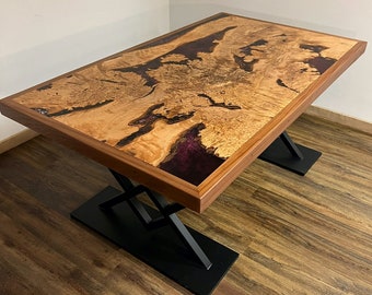 Unique purple epoxy resin table with handmade sapele wood frame and stainless steel legs 176x103x6.5cm