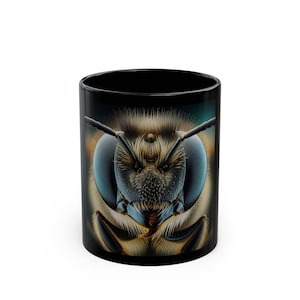 Bee-Themed Black Mug - Unique Art, Gift for Nature Lovers, Coffee Lover&#39;s Surprising Mug, Conversation Starter, Insect Enthusiast