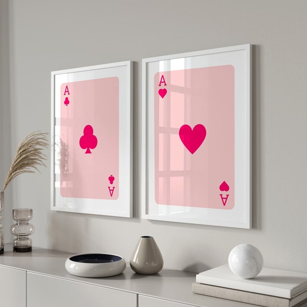 Popular Retro Wall Art Set Of 4 in pink,Cards Wall Set,Pink Ace Card Poster, Ace of Hearts, Ace of Spade,Trendy Wall Prints,Digital