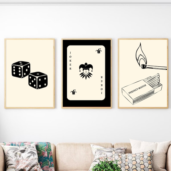 Popular Retro Wall Art Set Of 3 in Black,Cards Wall Set,Black Ace Card Print,Joker wall print,Dice roll Print, Match Sticks Art,Digital