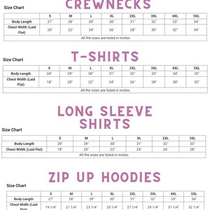 May include: Size charts for crewnecks, t-shirts, long sleeve shirts, and zip-up hoodies. Measurements are in inches. The image includes body length and chest width for each size, from S to 5XL.