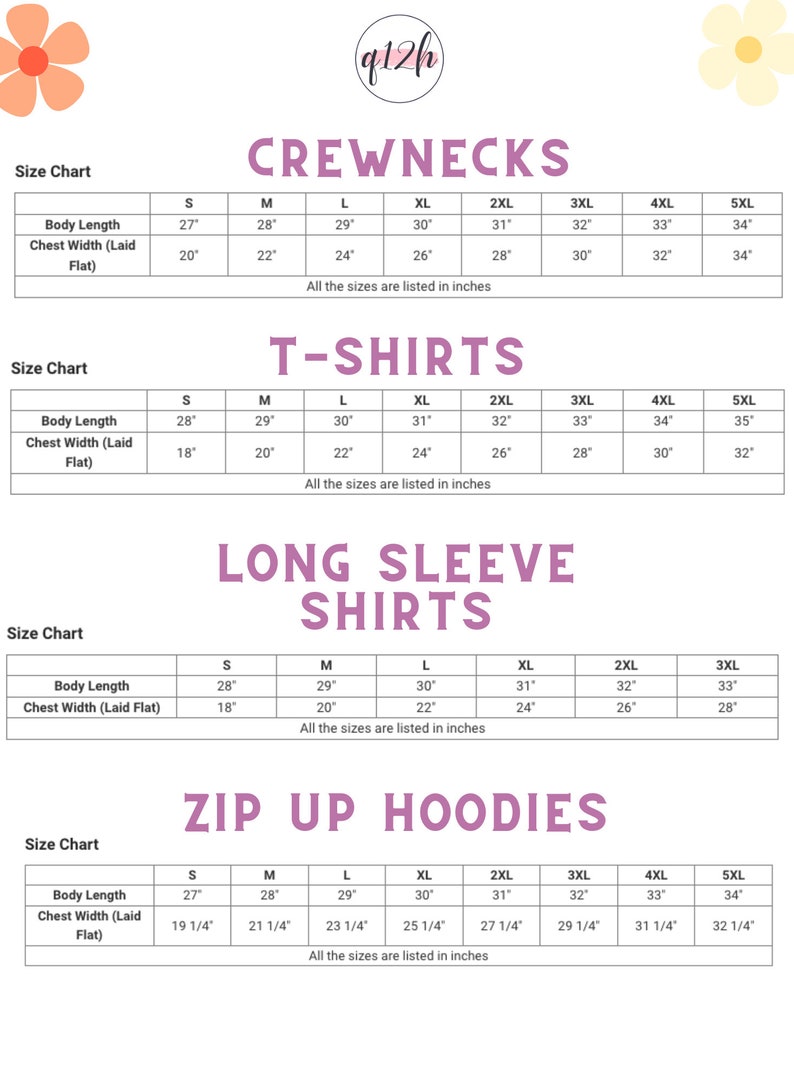 May include: Size charts for crewnecks, t-shirts, long sleeve shirts, and zip-up hoodies. Measurements are in inches. The image includes body length and chest width for each size, from S to 5XL.