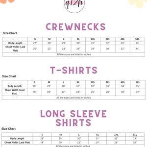 May include: Size chart for crewneck, t-shirt, and long sleeve shirts. The chart lists sizes from S to 5XL with corresponding body length and chest width measurements in inches.