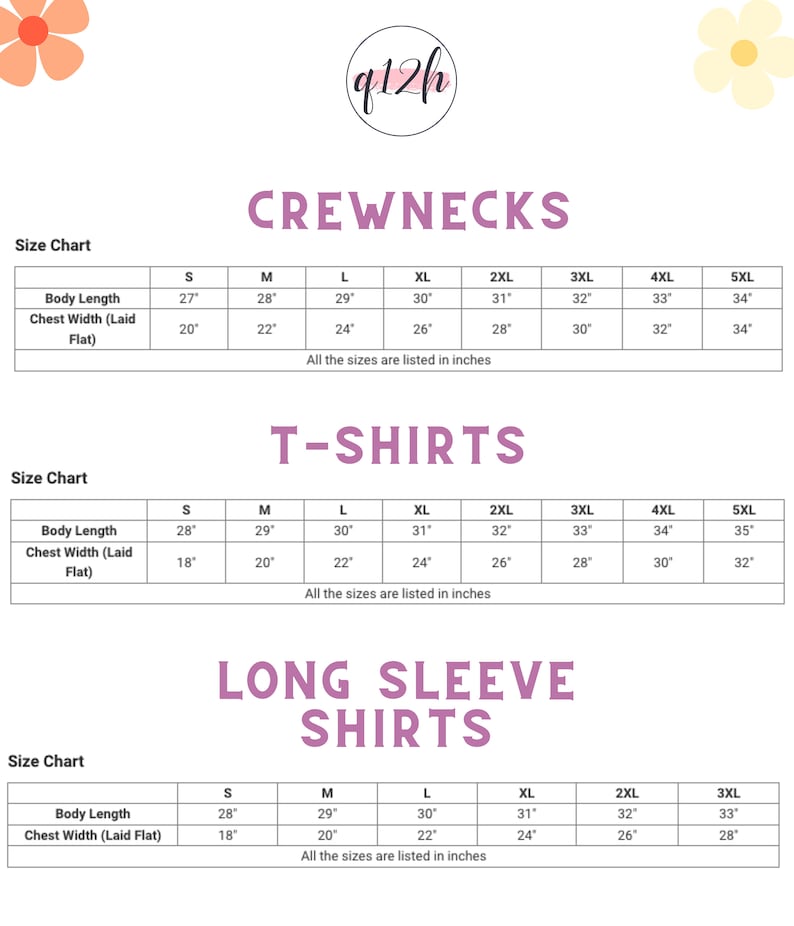 May include: Size chart for crewneck, t-shirt, and long sleeve shirts. The chart lists sizes from S to 5XL with corresponding body length and chest width measurements in inches.