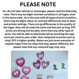 May include: Image featuring various sticker designs. Includes pink heart-shaped stickers with "RN" text, dinosaur graphics, and bear designs with "NICU NURSE" text. The text "PLEASE NOTE" is at the top.